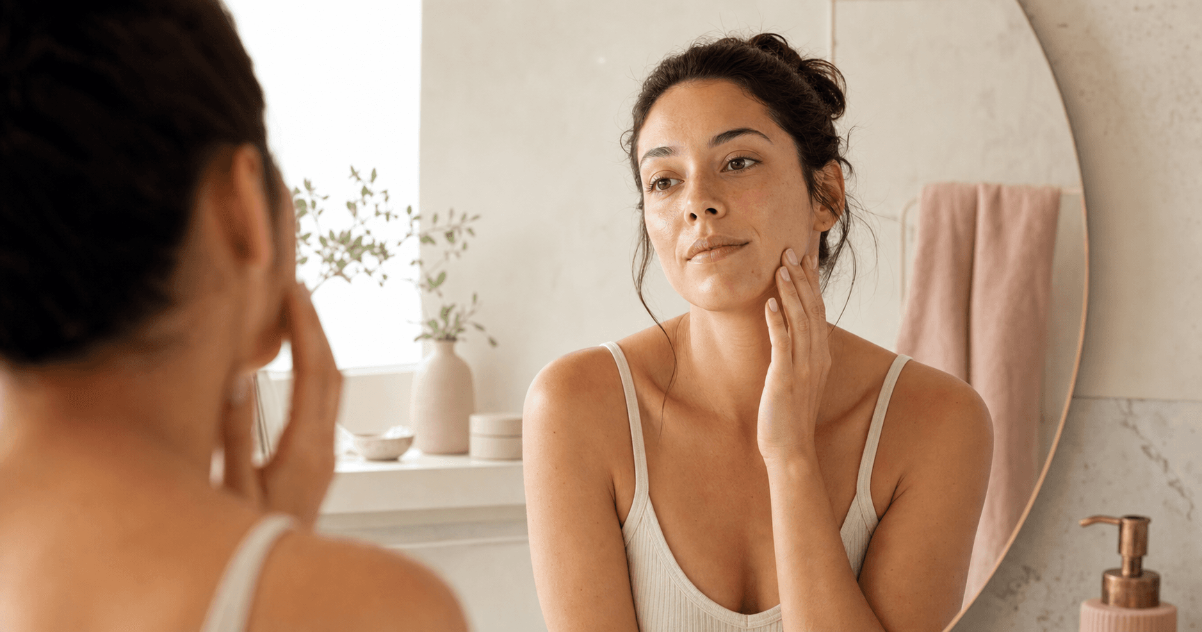 Woman gently touching her cheek while looking in a bathroom mirror