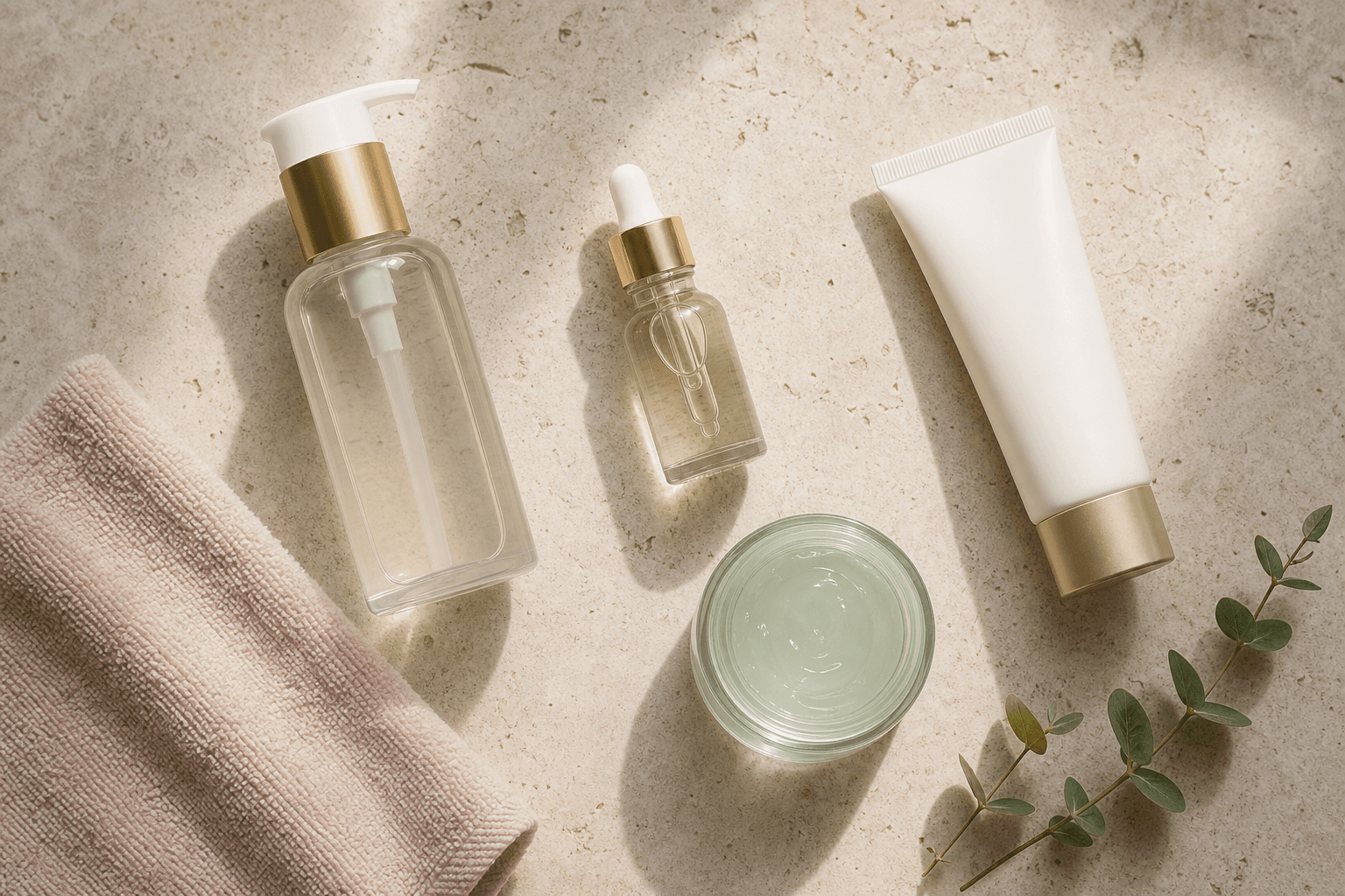 Simple skincare routine with cleanser, serum, gel moisturizer, and sunscreen